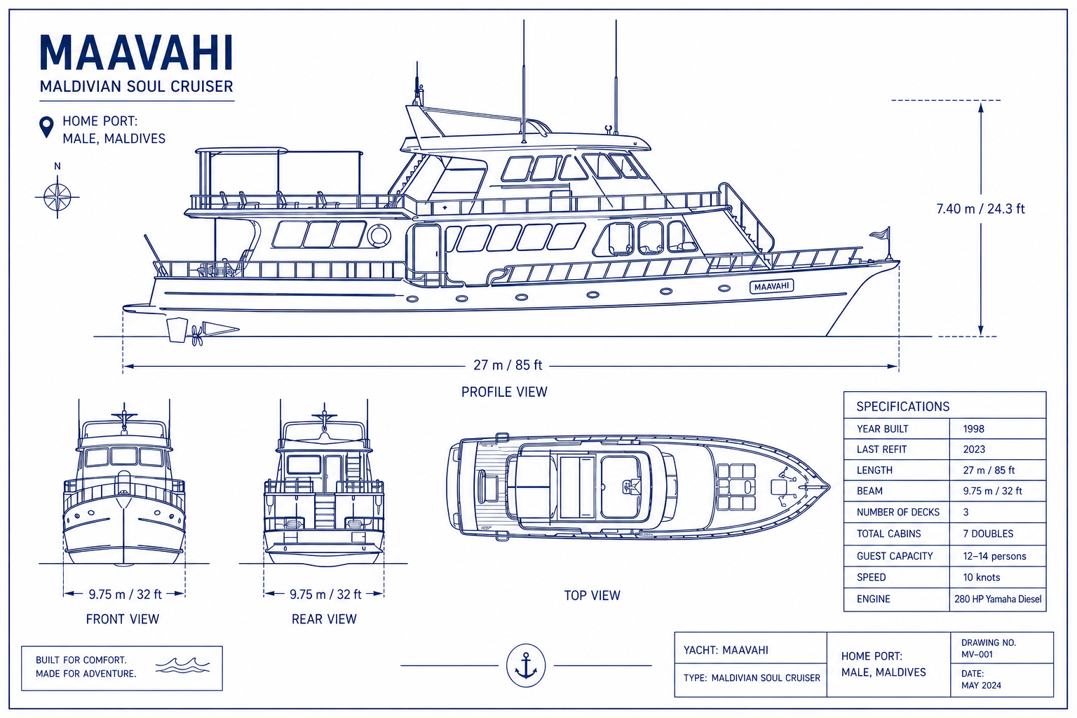 Maavahi liveaboard technical specifications — 85ft Maldivian Soul Cruiser